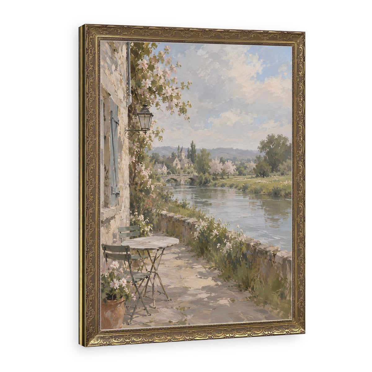 Table by the River Wall Art in a Gold Ornate Frame