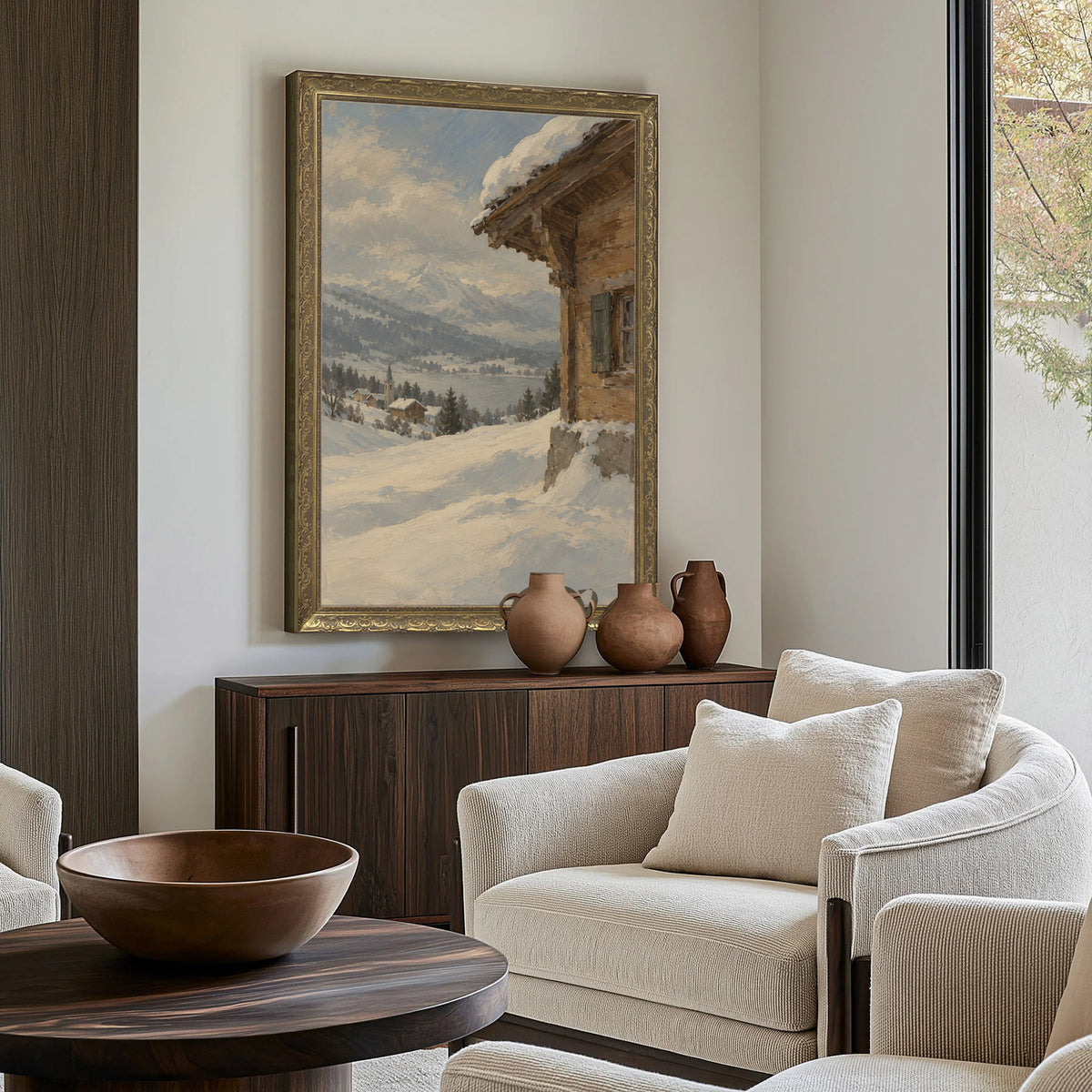 Thaw at the Eaves Wall Art in a Gold Ornate Frame above a walnut console in a sitting room
