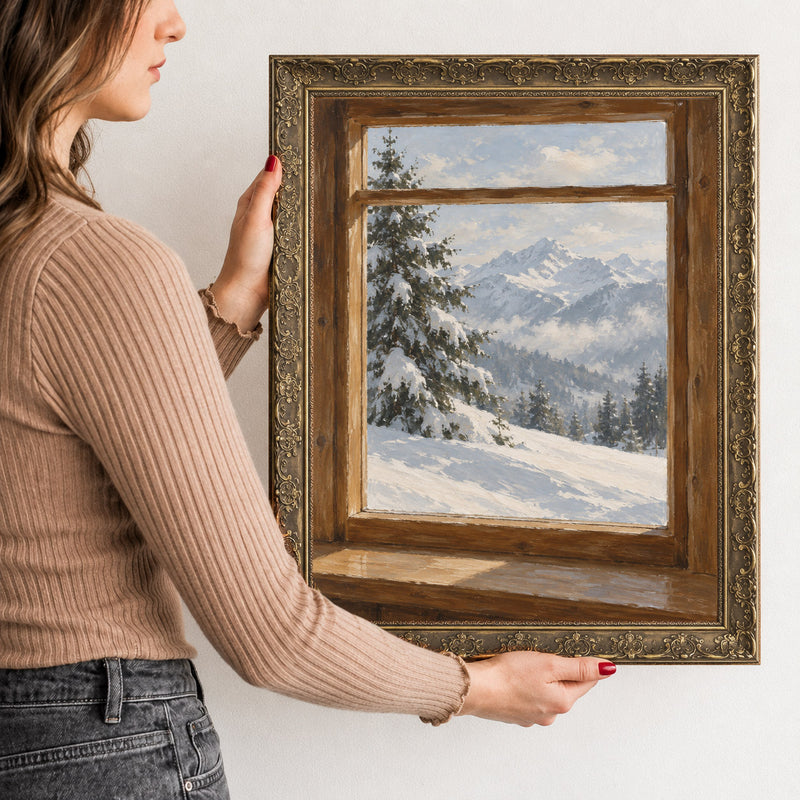 The Chalet Window Wall Art in a Gold Ornate Frame, held to show its size