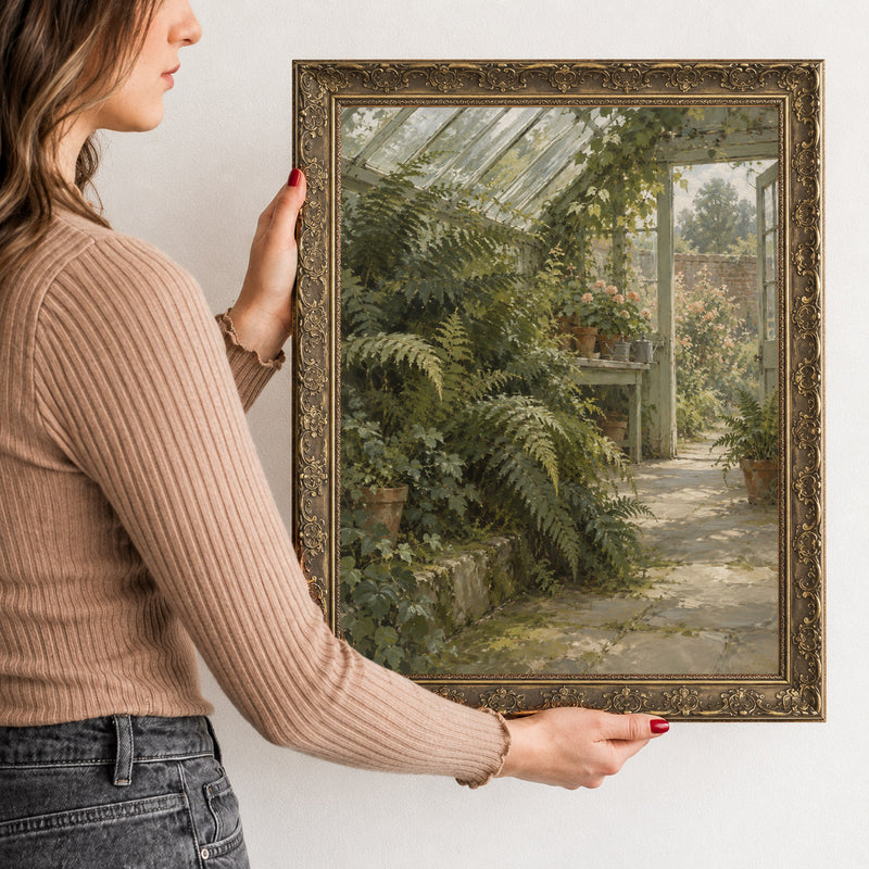 The Fernery Wall Art in a Gold Ornate Frame, held to show its size