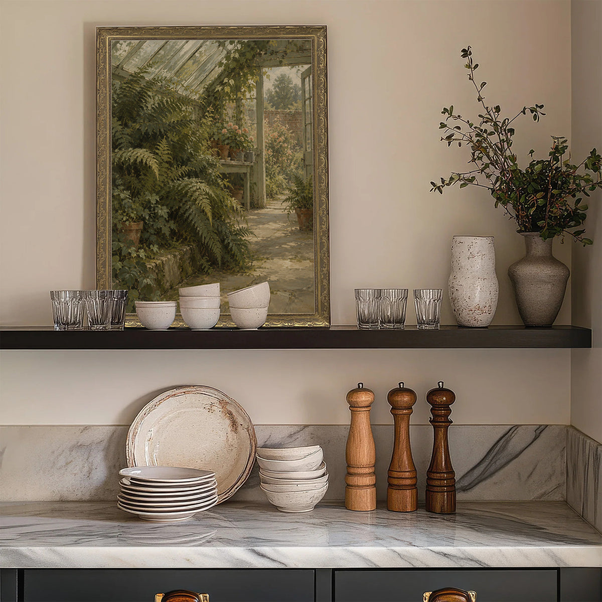 The Fernery Wall Art in a Gold Ornate Frame on a kitchen shelf