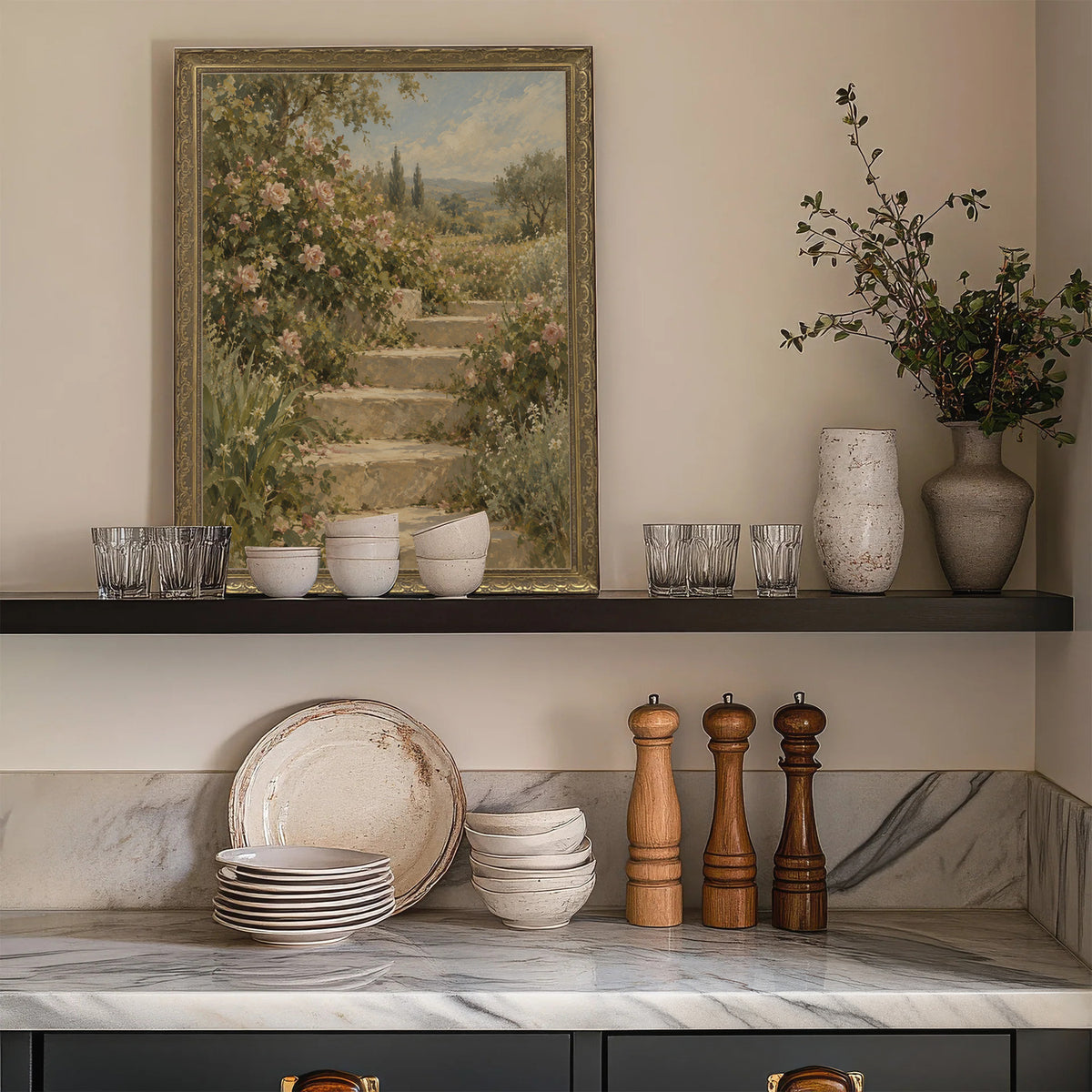 The Flowering Steps Wall Art in a Gold Ornate Frame on a kitchen shelf