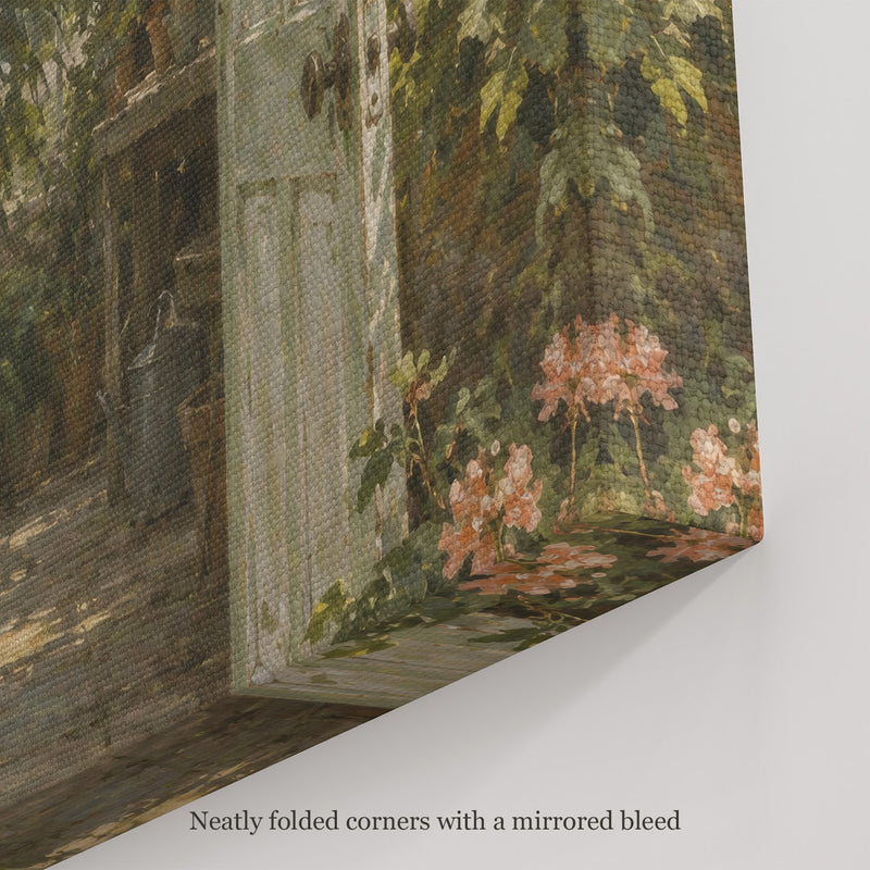 The Glasshouse Door Wall Art, canvas corner with neatly folded corners and a mirrored bleed
