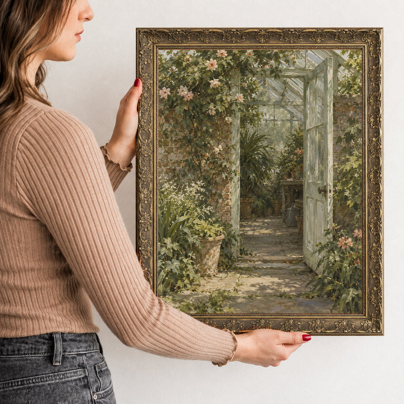 The Glasshouse Door Wall Art in a Gold Ornate Frame, held to show its size