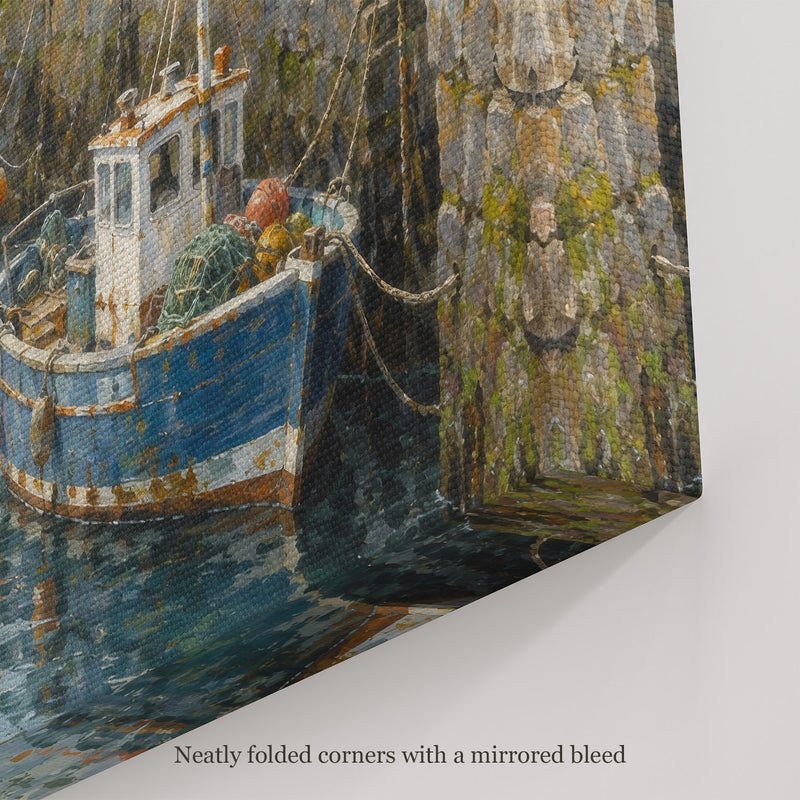 The Granite Quay Wall Art, canvas corner with neatly folded corners and a mirrored bleed
