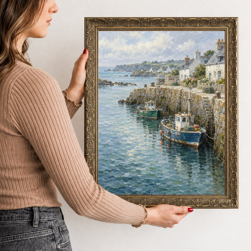 The Granite Quay Wall Art in a Gold Ornate Frame, held to show its size
