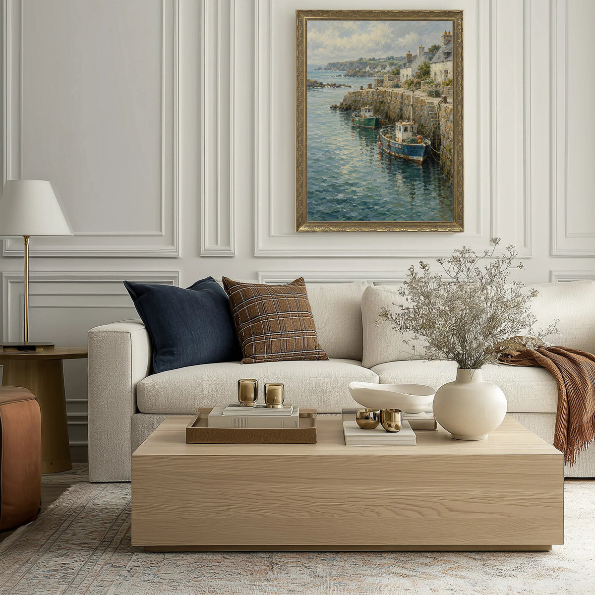 The Granite Quay Wall Art in a Gold Ornate Frame above a cream sofa in a living room