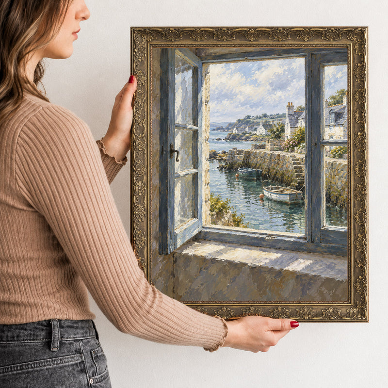 The Harbour Window Wall Art in a Gold Ornate Frame, held to show its size