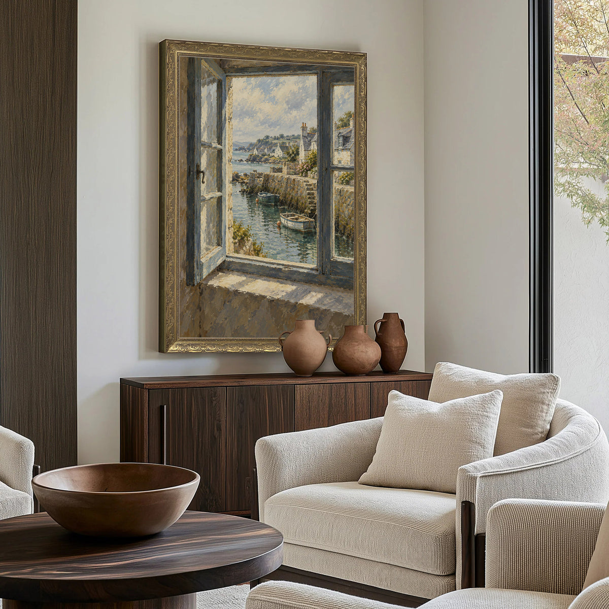 The Harbour Window Wall Art in a Gold Ornate Frame above a walnut console in a sitting room