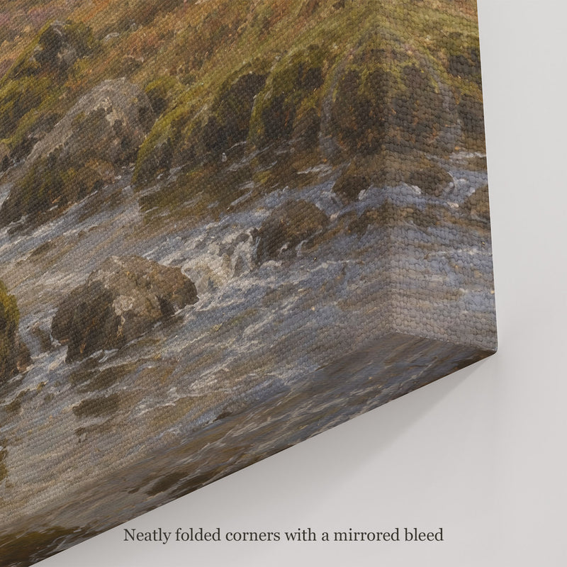 The Highland Burn Wall Art, canvas corner with neatly folded corners and a mirrored bleed