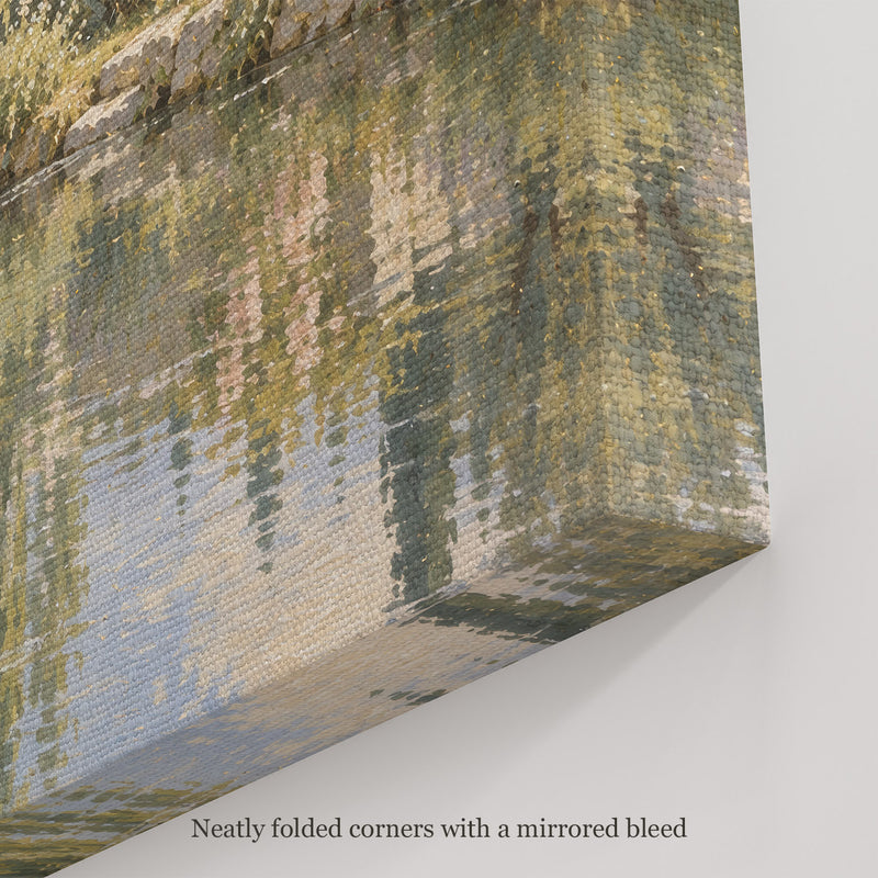 The Lily Pond Wall Art, canvas corner with neatly folded corners and a mirrored bleed