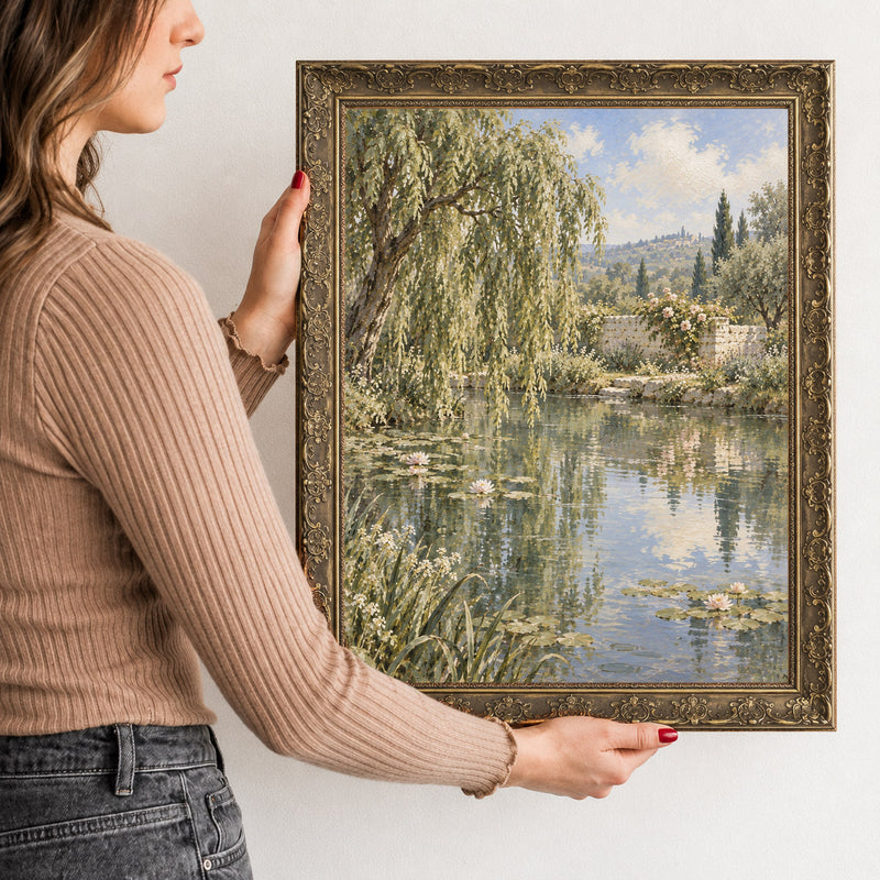 The Lily Pond Wall Art in a Gold Ornate Frame, held to show its size