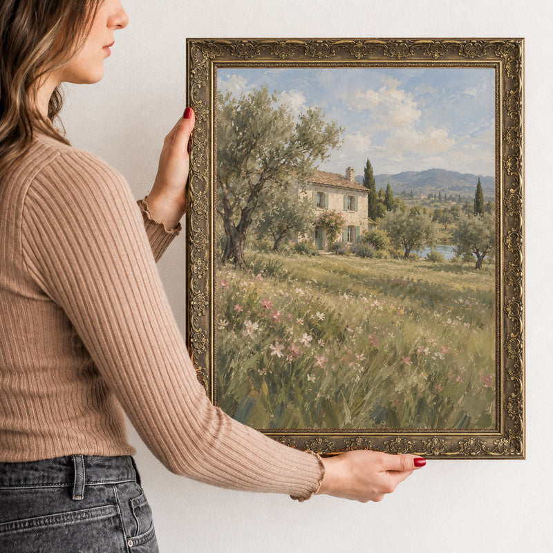 The Limestone Cottage Wall Art in a Gold Ornate Frame, held to show its size