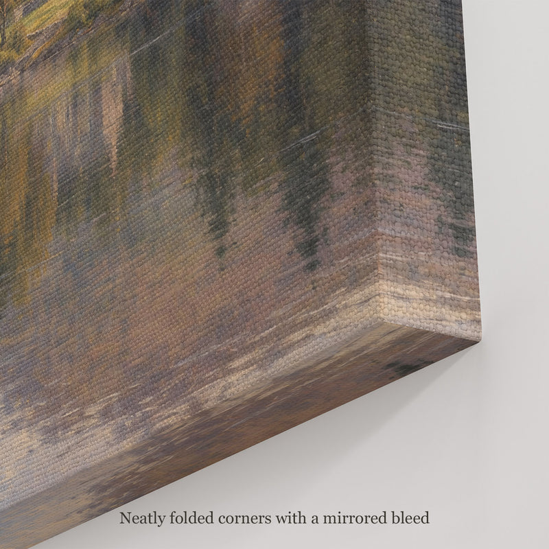 The Lodge Across the Loch Wall Art, canvas corner with neatly folded corners and a mirrored bleed