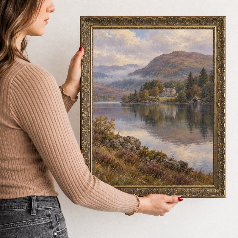 The Lodge Across the Loch Wall Art in a Gold Ornate Frame, held to show its size