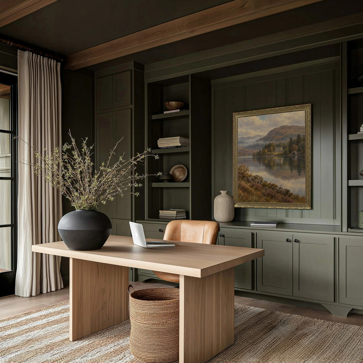 The Lodge Across the Loch Wall Art in a Gold Ornate Frame in a green panelled study