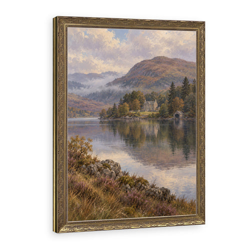 The Lodge Across the Loch Wall Art in a Gold Ornate Frame
