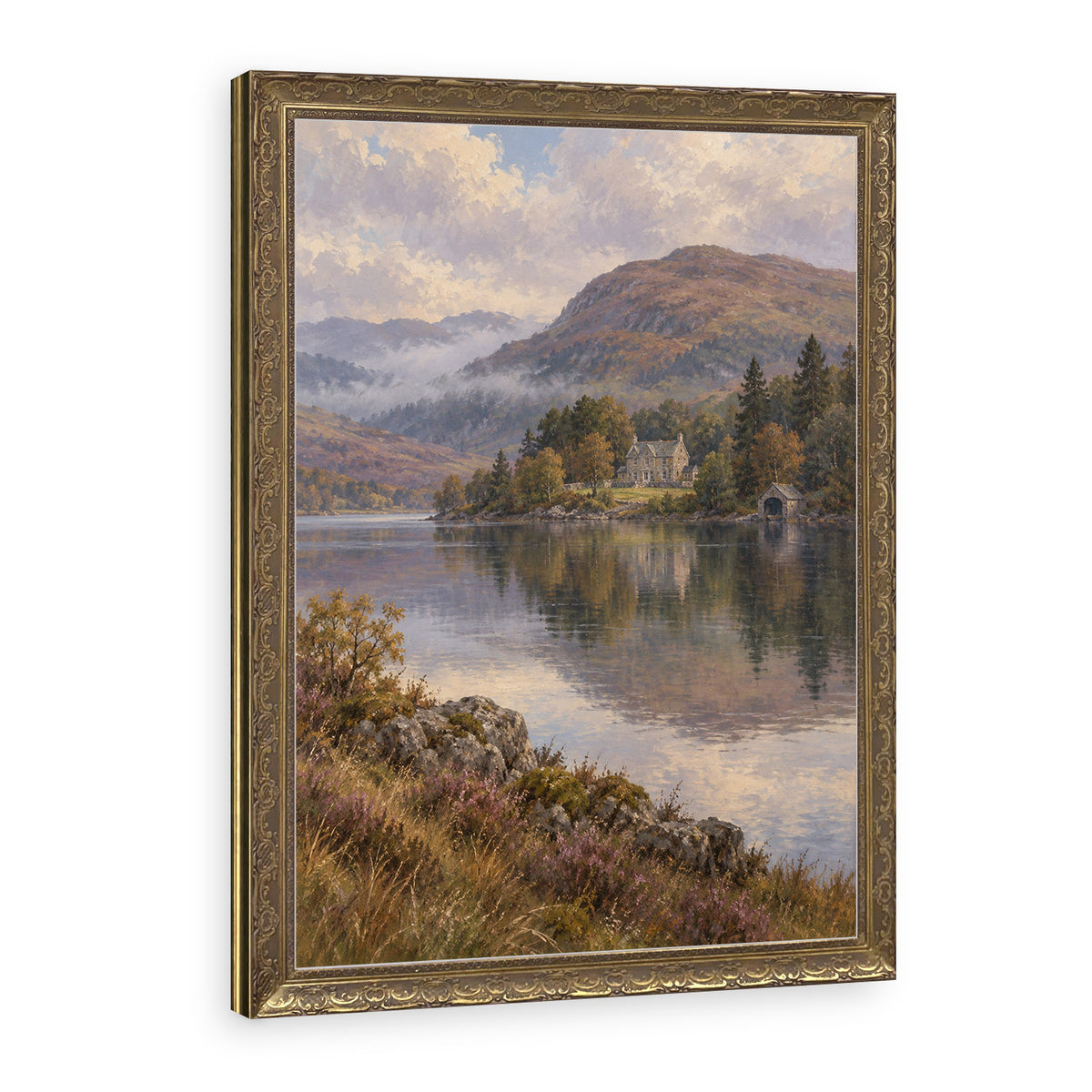 The Lodge Across the Loch Wall Art in a Gold Ornate Frame
