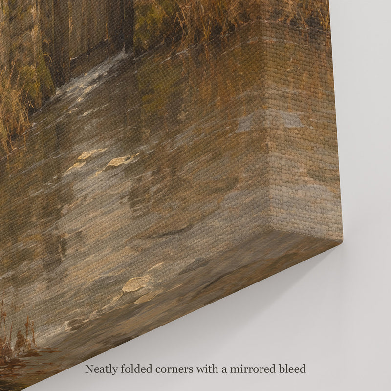 The Millrace Wall Art, canvas corner with neatly folded corners and a mirrored bleed