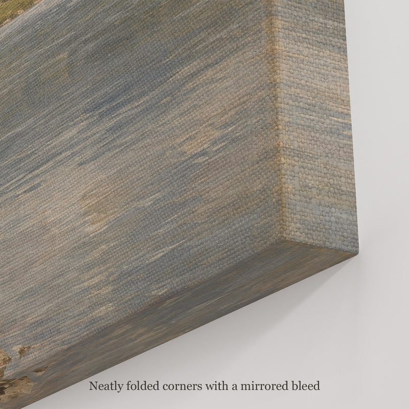 The Mountain Lake Wall Art, canvas corner with neatly folded corners and a mirrored bleed