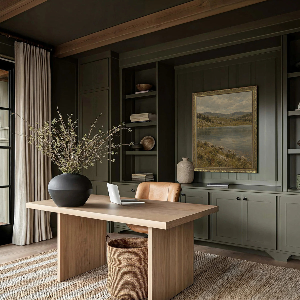 The Mountain Lake Wall Art in a Gold Ornate Frame in a green panelled study