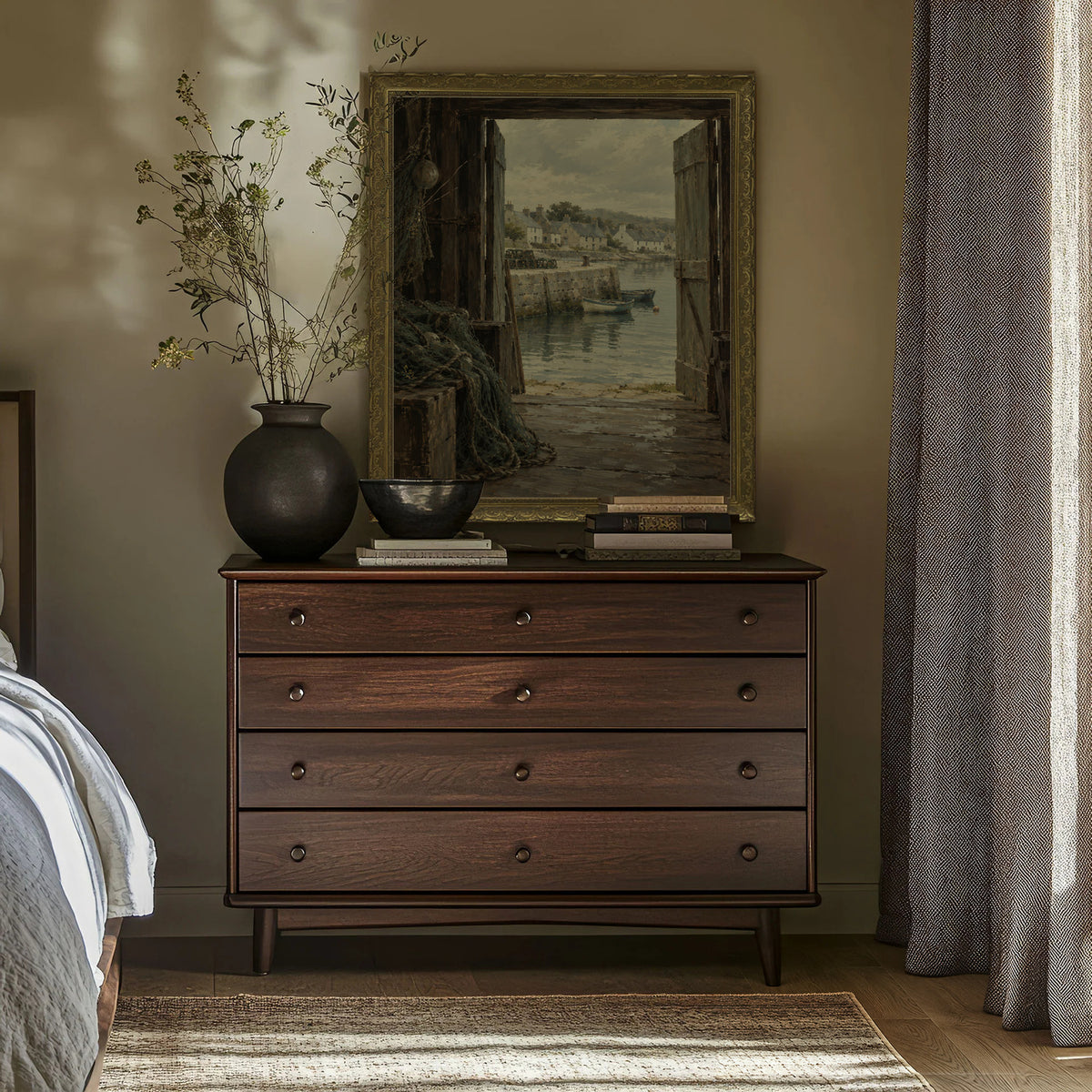 The Net Loft Wall Art in a Gold Ornate Frame above a walnut dresser in a bedroom