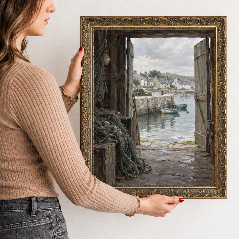 The Net Loft Wall Art in a Gold Ornate Frame, held to show its size