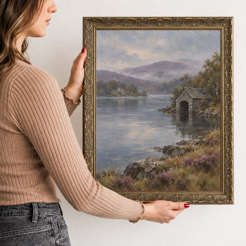 The Old Boathouse Wall Art in a Gold Ornate Frame, held to show its size