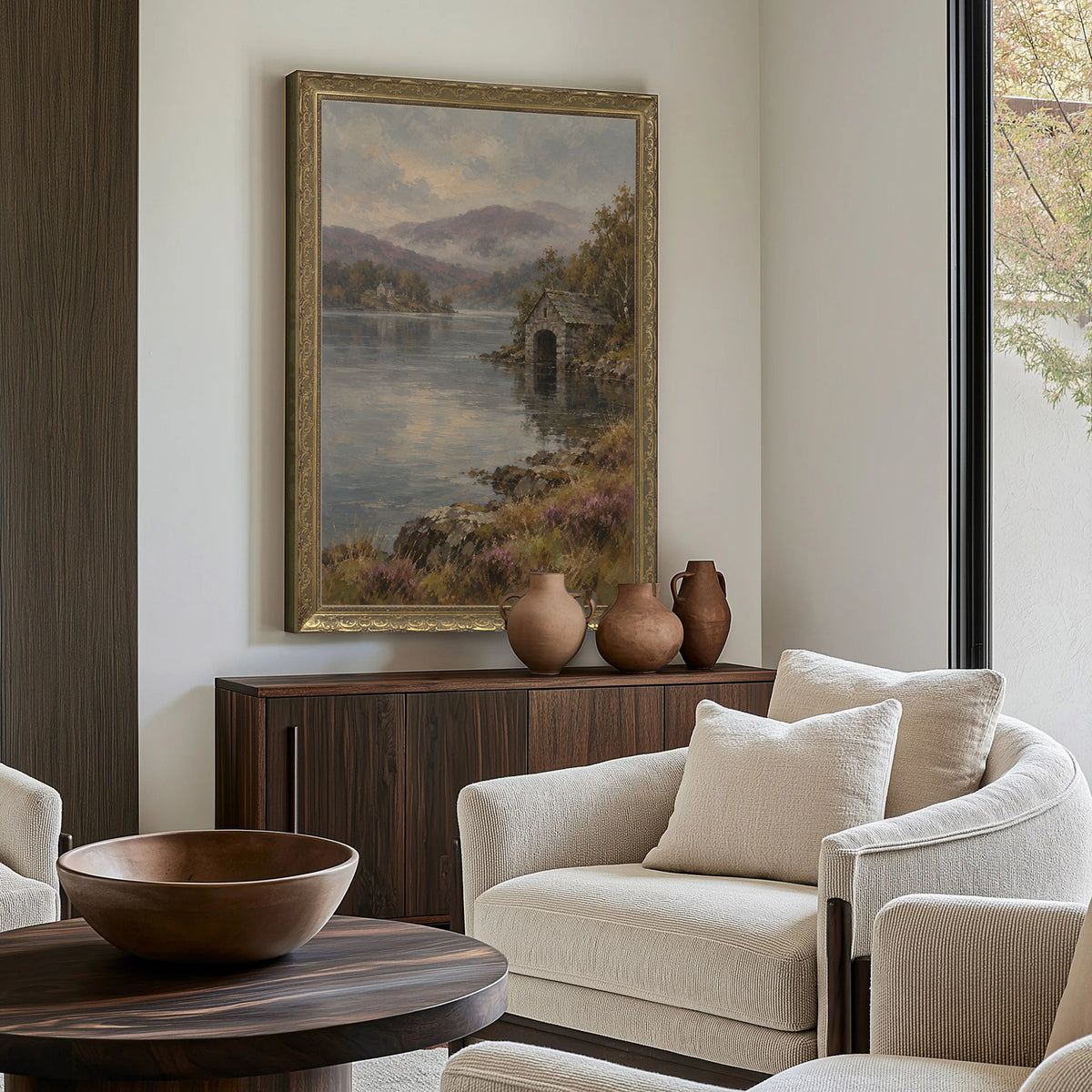 The Old Boathouse Wall Art in a Gold Ornate Frame above a walnut console in a sitting room