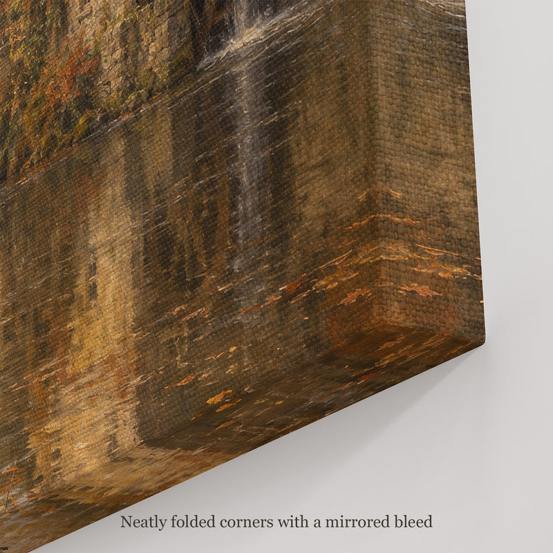 The Old Mill Wall Art, canvas corner with neatly folded corners and a mirrored bleed