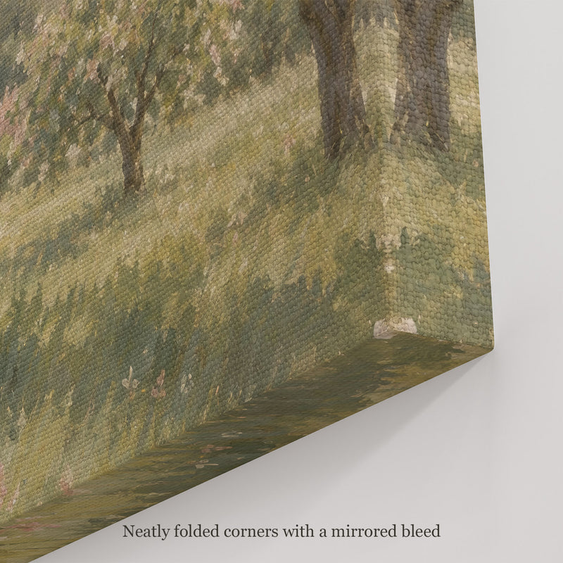 The Old Orchard Wall Art, canvas corner with neatly folded corners and a mirrored bleed