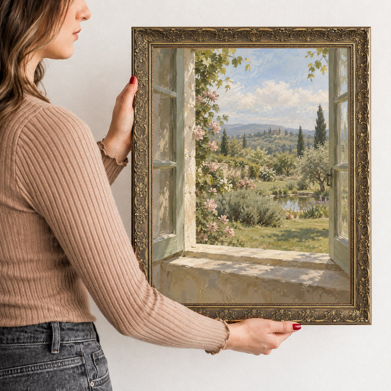 The Open Window Wall Art in a Gold Ornate Frame, held to show its size