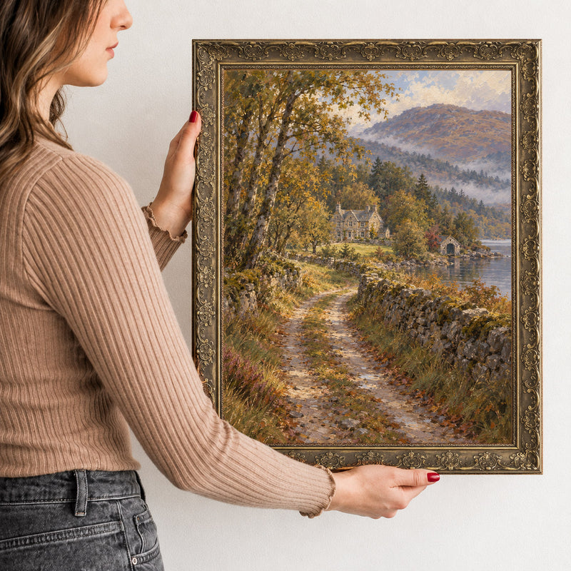 The Path to the Lodge Wall Art in a Gold Ornate Frame, held to show its size