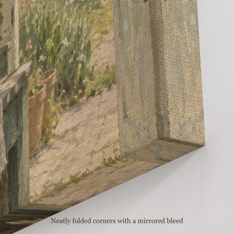 The Potting Bench Wall Art, canvas corner with neatly folded corners and a mirrored bleed