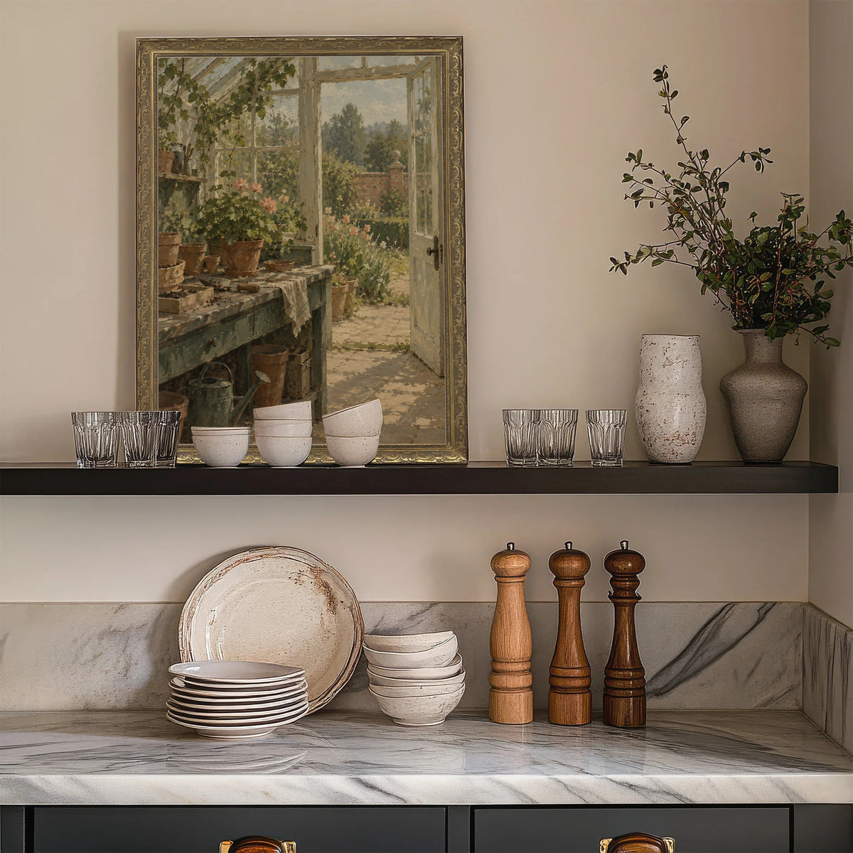 The Potting Bench Wall Art in a Gold Ornate Frame on a kitchen shelf