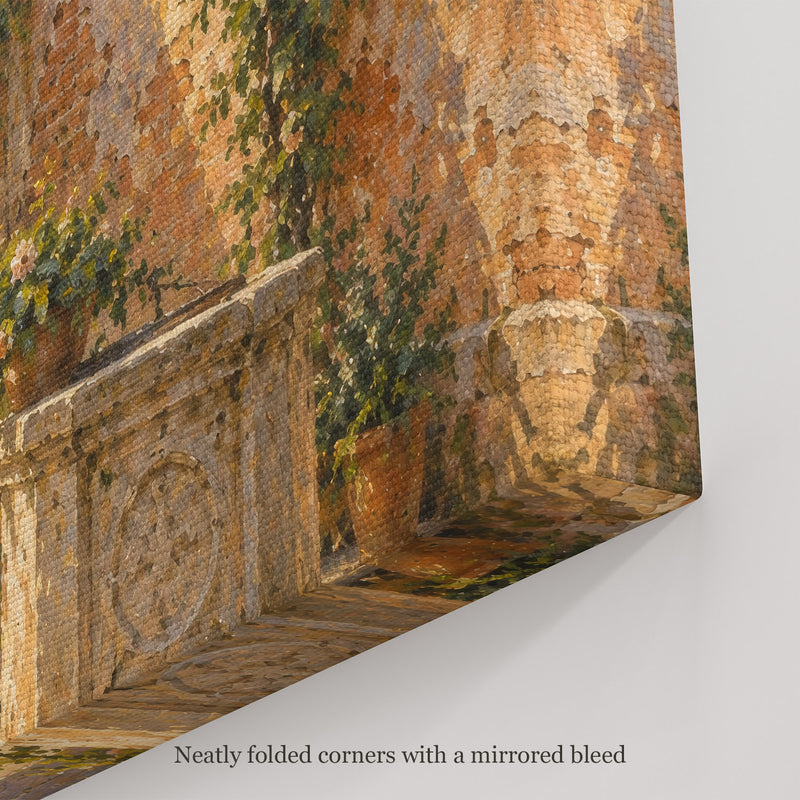 The Quiet Courtyard Wall Art, canvas corner with neatly folded corners and a mirrored bleed