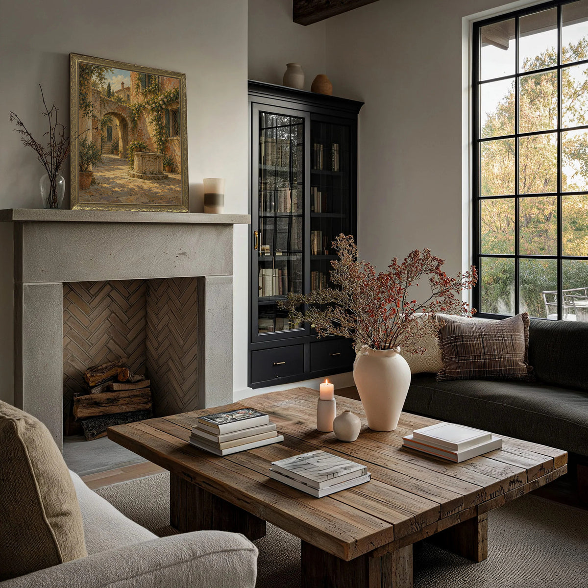 The Quiet Courtyard Wall Art in a Gold Ornate Frame on a fireplace mantel