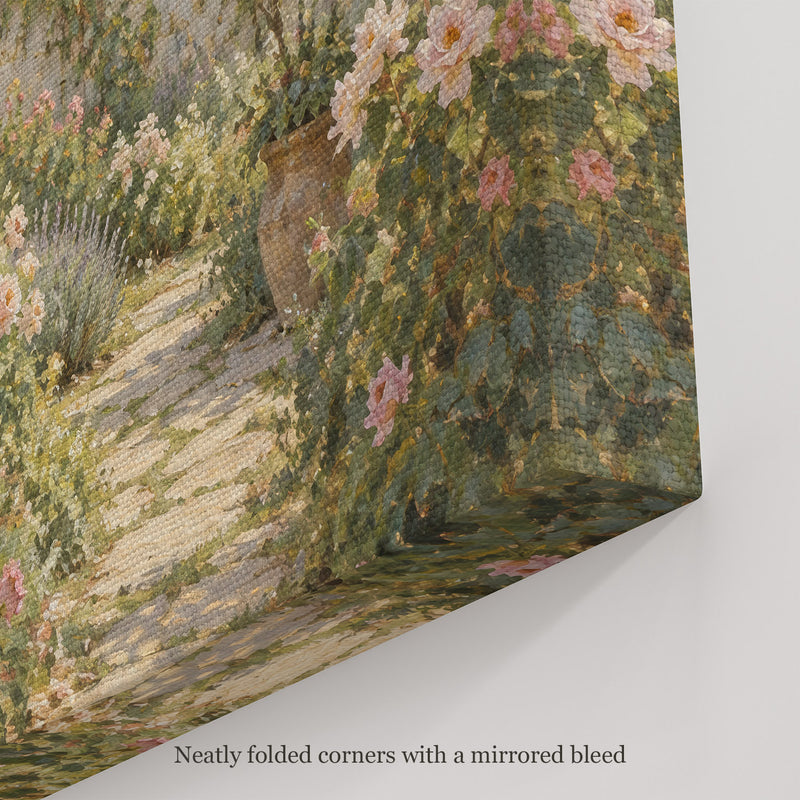 The Rose Walk Wall Art, canvas corner with neatly folded corners and a mirrored bleed