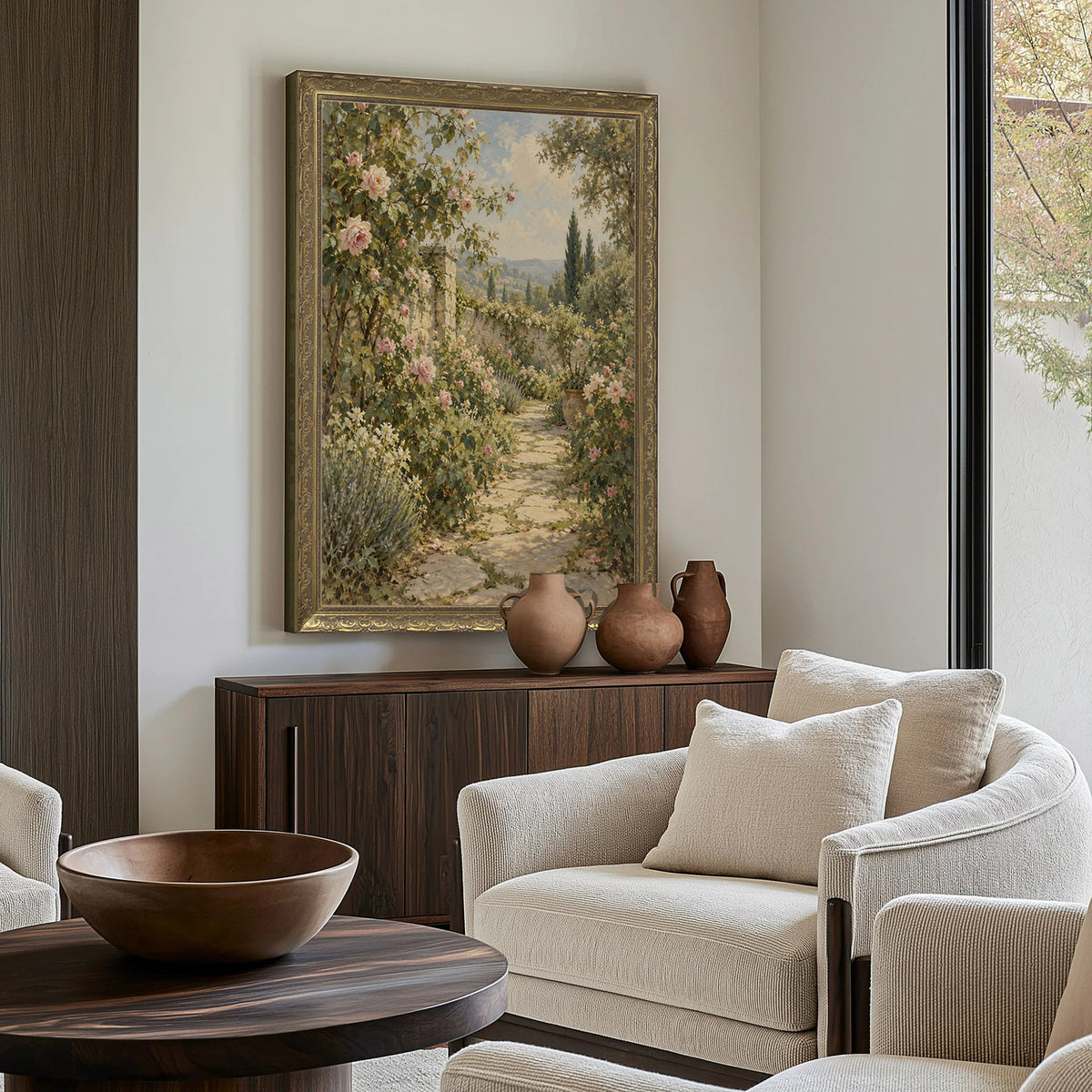 The Rose Walk Wall Art in a Gold Ornate Frame above a walnut console in a sitting room
