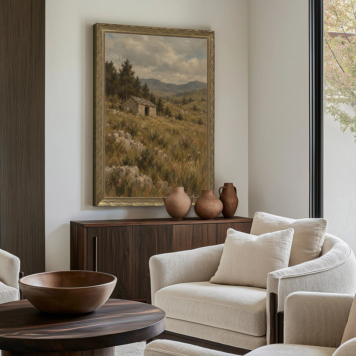 The Shepherd's Shelter Wall Art in a Gold Ornate Frame above a walnut console in a sitting room