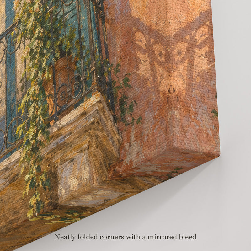 The Shuttered Balcony Wall Art, canvas corner with neatly folded corners and a mirrored bleed