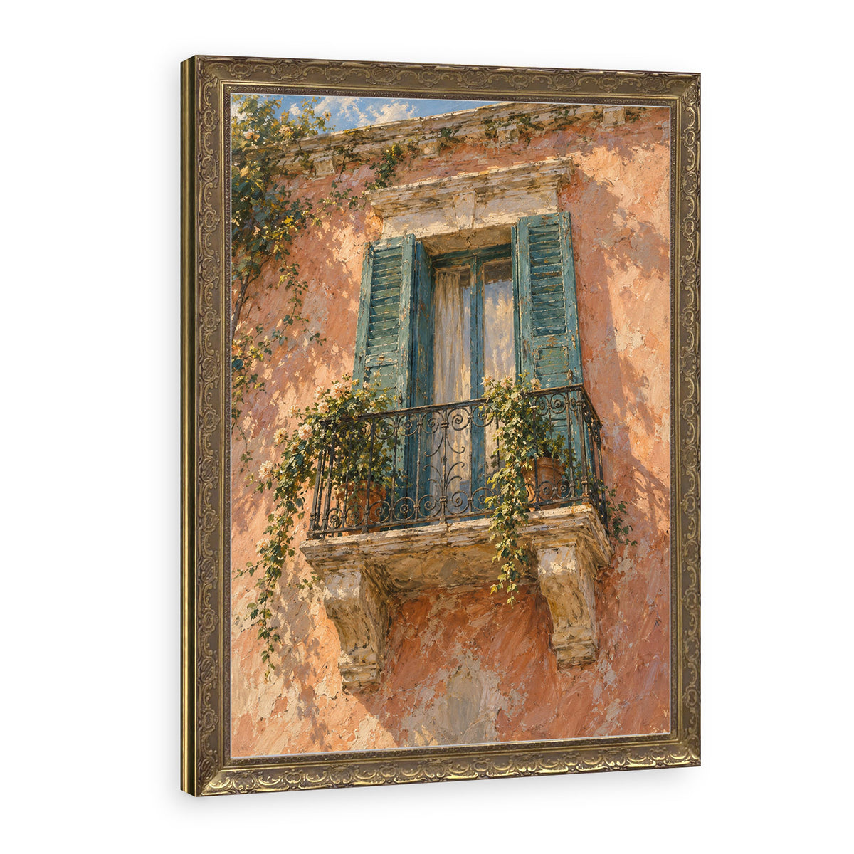 The Shuttered Balcony Wall Art in a Gold Ornate Frame