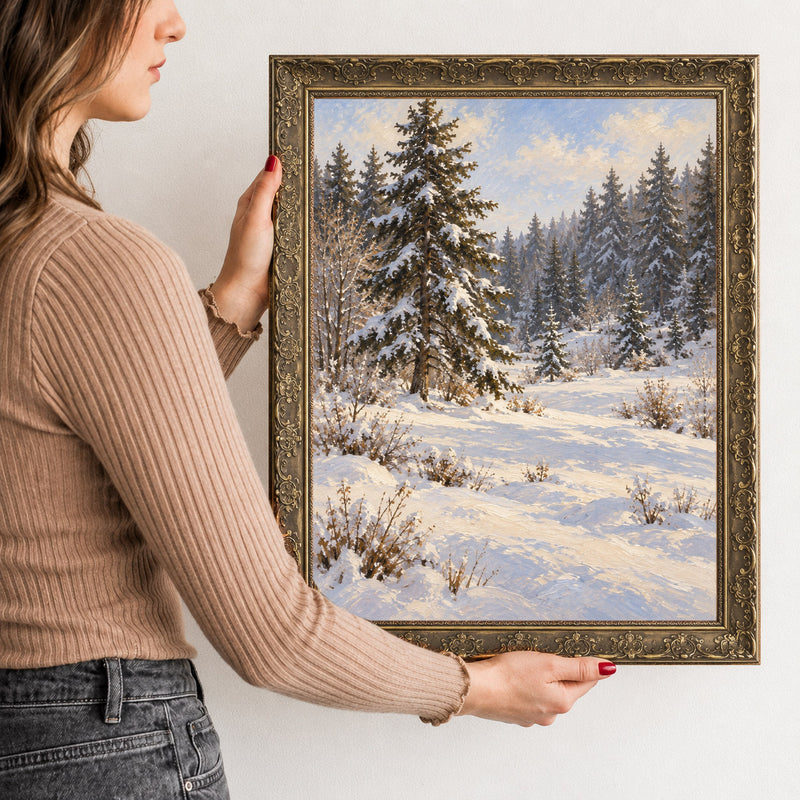 The Spruce Clearing Wall Art in a Gold Ornate Frame, held to show its size