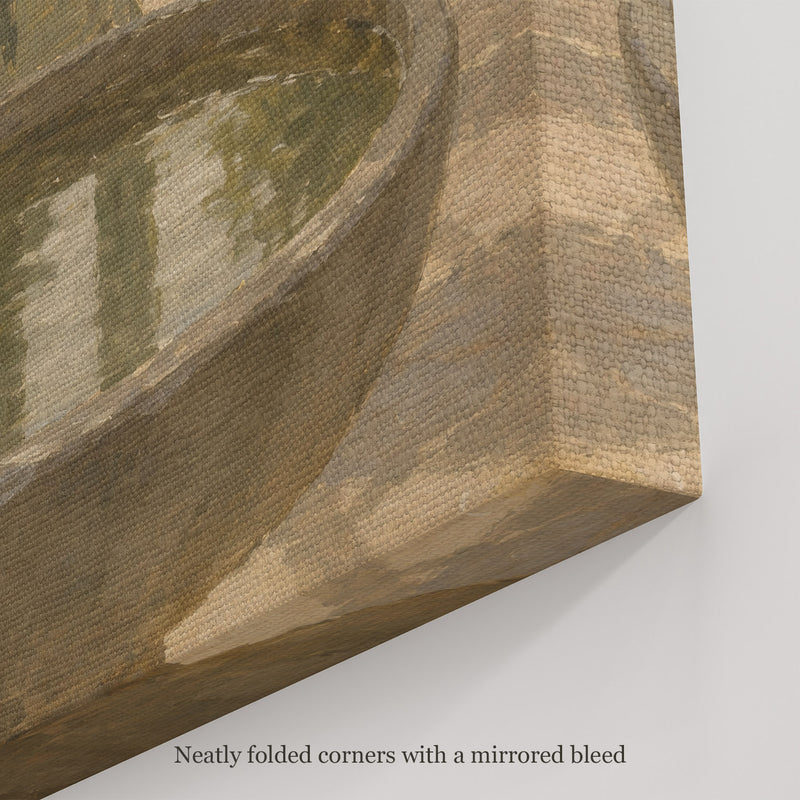 The Stone Basin Wall Art, canvas corner with neatly folded corners and a mirrored bleed