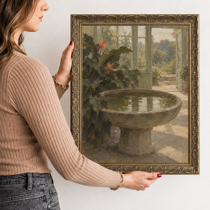 The Stone Basin Wall Art in a Gold Ornate Frame, held to show its size