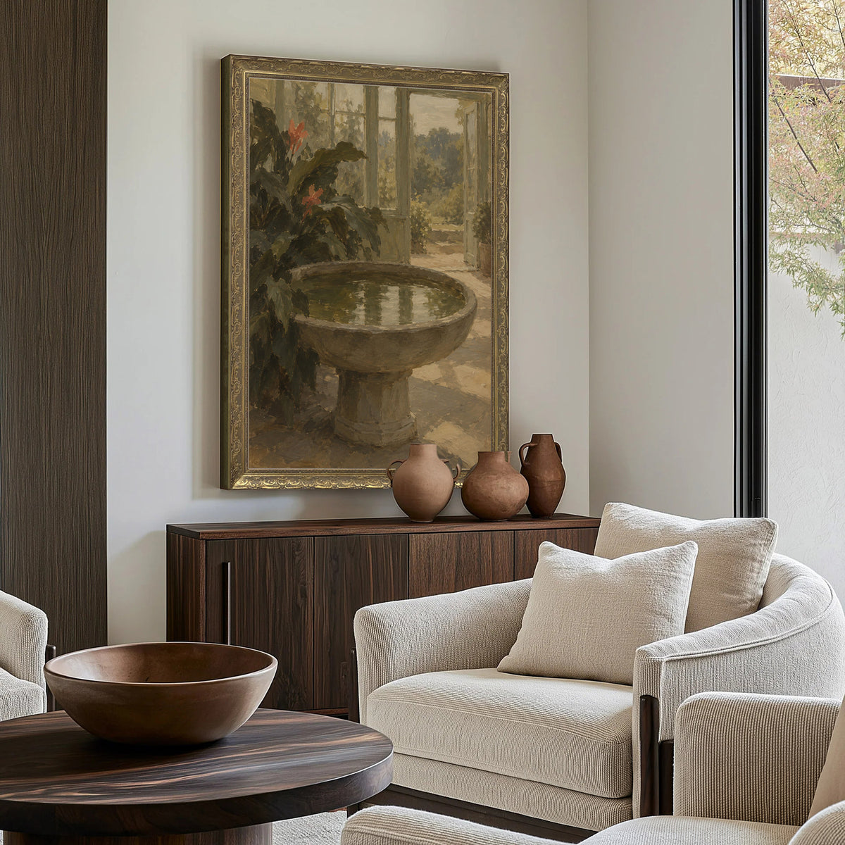 The Stone Basin Wall Art in a Gold Ornate Frame above a walnut console in a sitting room