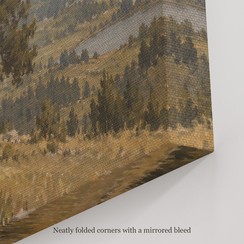 The Twin Pines Wall Art, canvas corner with neatly folded corners and a mirrored bleed
