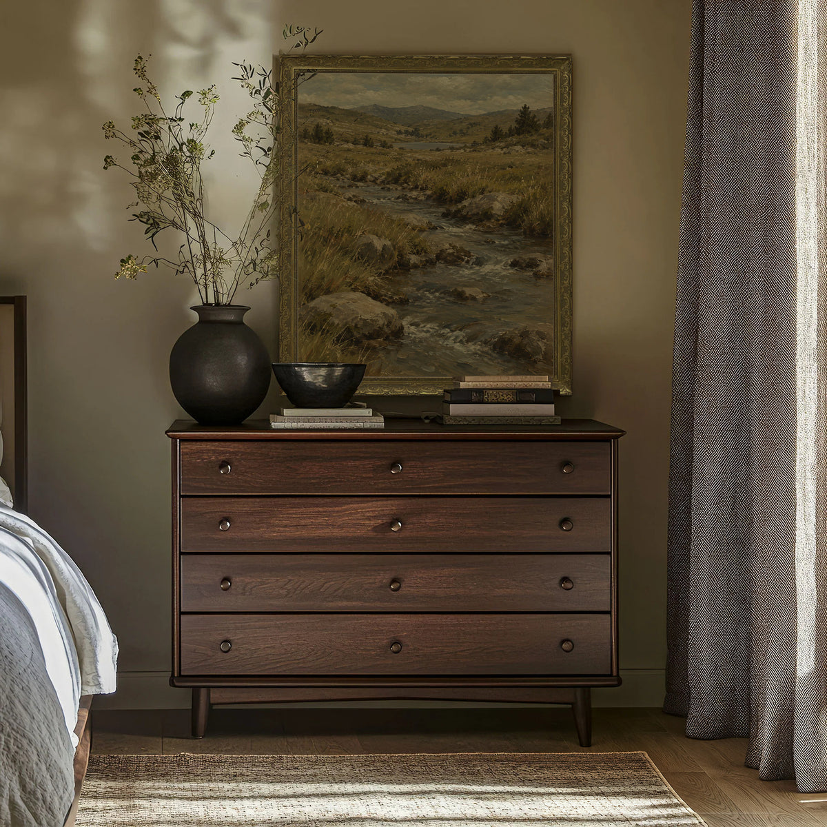 The Valley Stream Wall Art in a Gold Ornate Frame above a walnut dresser in a bedroom