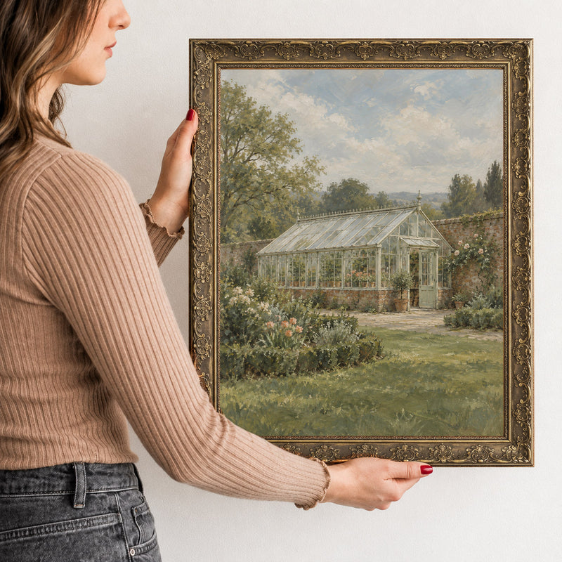 The Walled Garden Wall Art in a Gold Ornate Frame, held to show its size