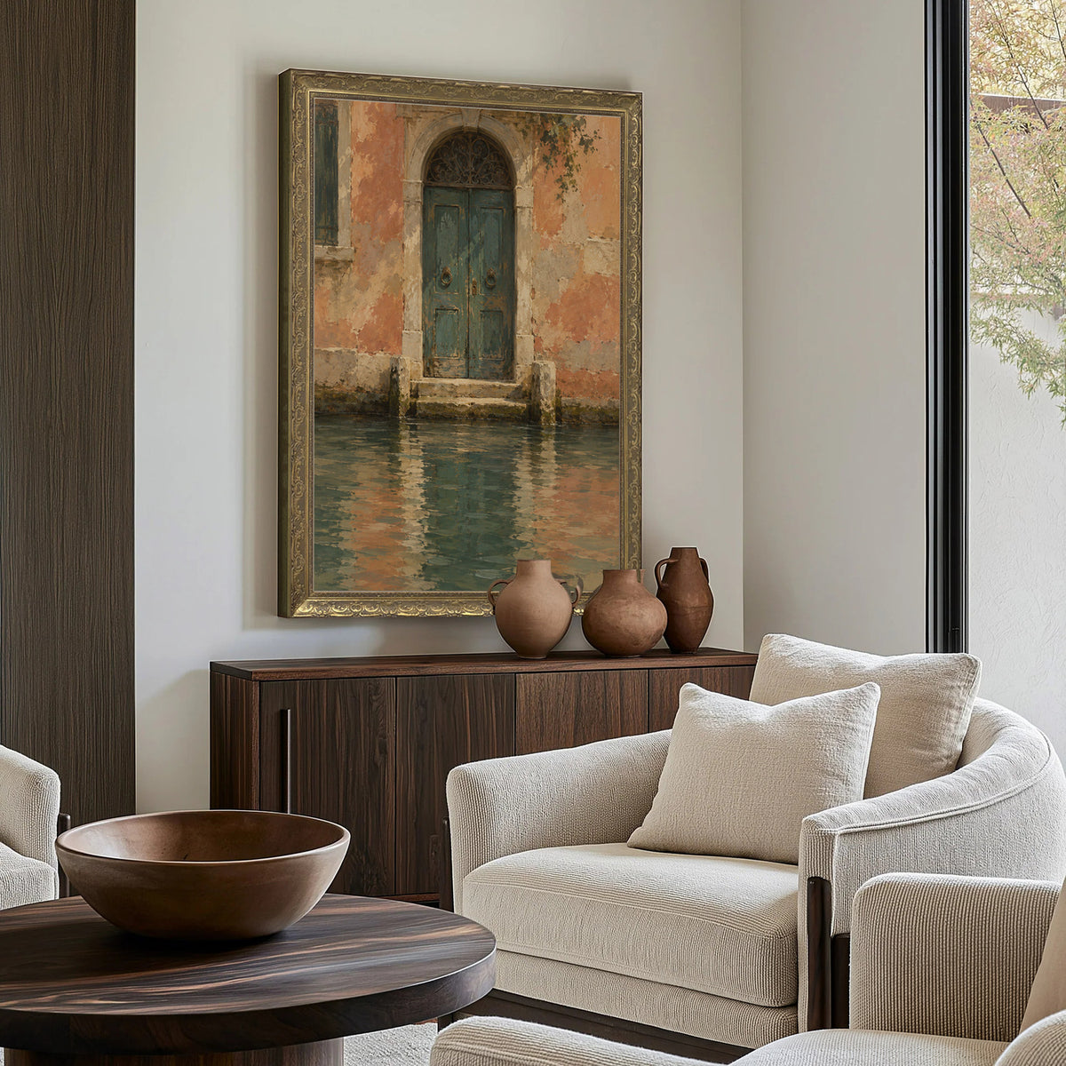 The Water Door Wall Art in a Gold Ornate Frame above a walnut console in a sitting room